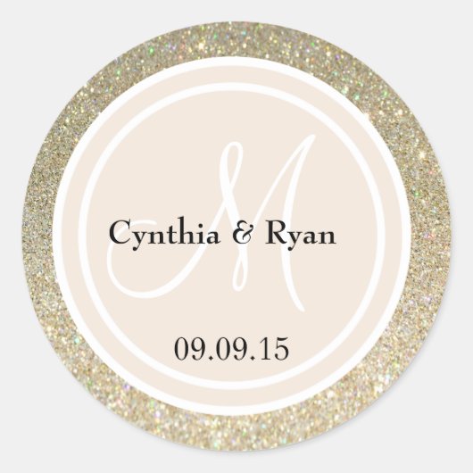 Gold Glitter & Beige Wedding Monogram Ronde Sticker (Voorkant)