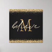 Gold Glitter Believe Script Monogram Initiaal zwar Canvas Afdruk (Voorkant)