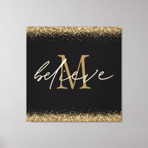 Gold Glitter Believe Script Monogram Initiaal zwar Canvas Afdruk