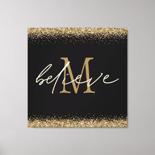 Gold Glitter Believe Script Monogram Initiaal zwar Canvas Afdruk (Voorkant)