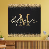Gold Glitter Believe Script Monogram Initiaal zwar Canvas Afdruk (Insitu (Woonkamer))