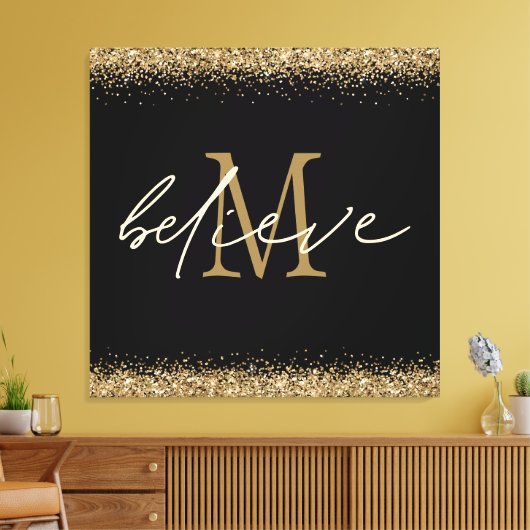 Gold Glitter Believe Script Monogram Initiaal zwar Canvas Afdruk (Insitu (Woonkamer))