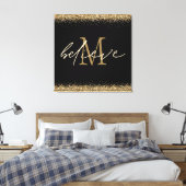 Gold Glitter Believe Script Monogram Initiaal zwar Canvas Afdruk (Insitu (Slaapkamer))