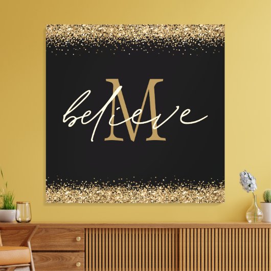 Gold Glitter Believe Script Monogram Initiaal zwar Canvas Afdruk (Insitu (Woonkamer))