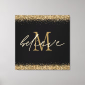 Gold Glitter Believe Script Monogram Initiaal zwar Canvas Afdruk (Voorkant)