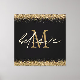 Gold Glitter Believe Script Monogram Initiaal zwar Canvas Afdruk