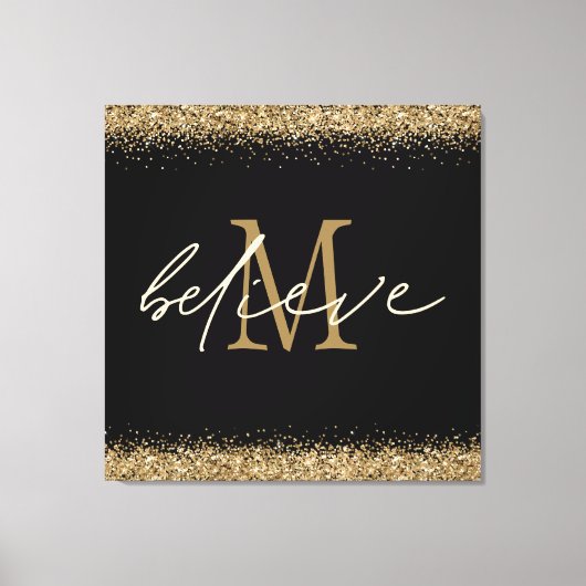 Gold Glitter Believe Script Monogram Initiaal zwar Canvas Afdruk (Voorkant)
