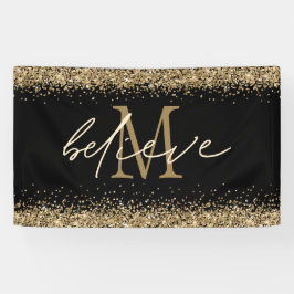 Gold Glitter Believe Script Monogram Initiaal zwar Spandoek