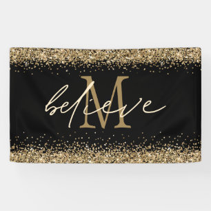 Gold Glitter Believe Script Monogram Initiaal zwar Spandoek
