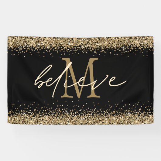 Gold Glitter Believe Script Monogram Initiaal zwar Spandoek (Horizontaal)