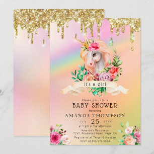 Gold Glitter bestuurt het 'Girl Unicorn Baby showe Kaart