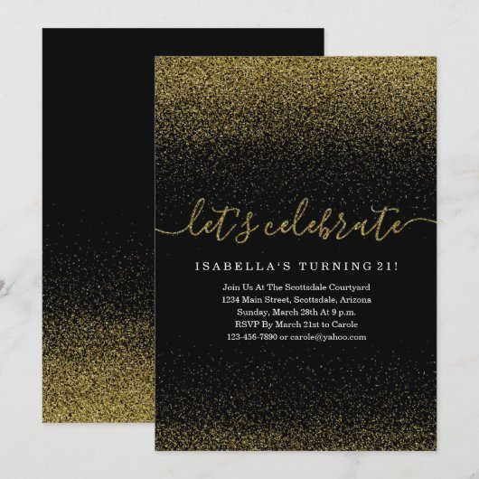 Gold Glitter Birthday Invitation Kaart (Voorkant / Achterkant)