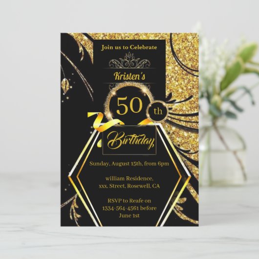 Gold Glitter Birthday Invitation Kaart (Staand voorkant)