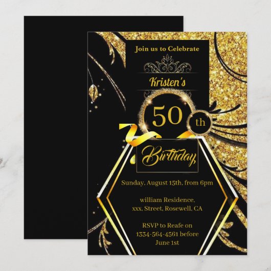 Gold Glitter Birthday Invitation Kaart (Voorkant / Achterkant)