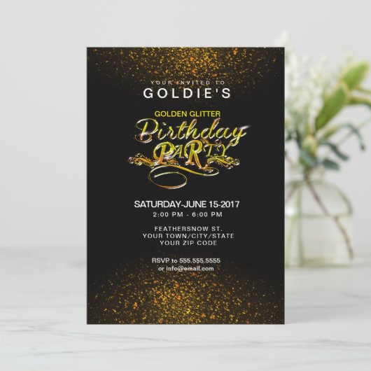 Gold Glitter Birthday Party Invitation Kaart (Staand voorkant)