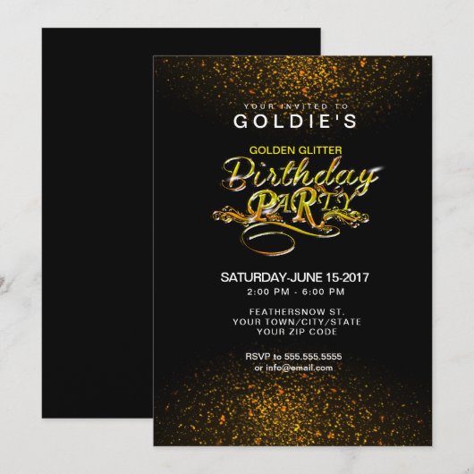 Gold Glitter Birthday Party Invitation Kaart (Voorkant / Achterkant)