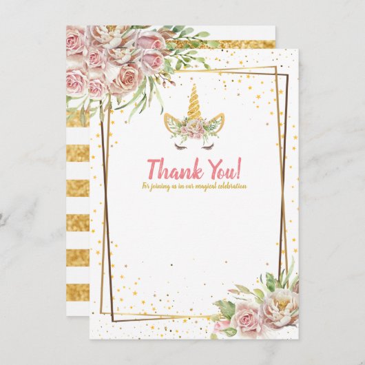 Gold Glitter | Birthday Unicorn Horn Baby shower Bedankkaart (Voorkant / Achterkant)