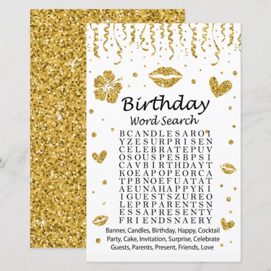 Gold glitter Birthday Word Search Game (Voorkant / Achterkant)