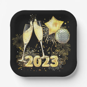 Gold Glitter Black 2023 Nieuwjaarsfeest Papieren Bordje