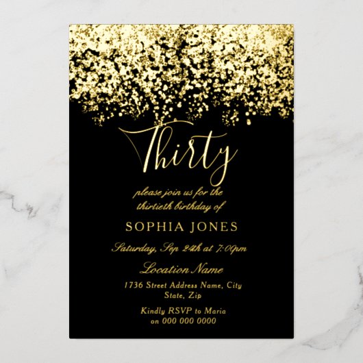 Gold Glitter Black 30e verjaardag Gold Folie Uitnodiging (Voorkant)