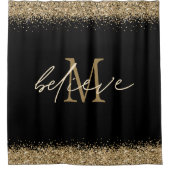Gold Glitter Black Believe Script Monogram Initiaa Douchegordijn (Voorkant)