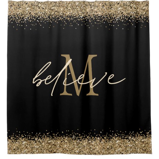 Gold Glitter Black Believe Script Monogram Initiaa Douchegordijn (Voorkant)
