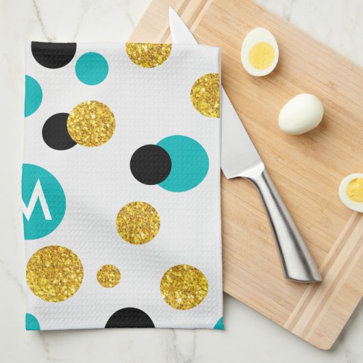 Gold Glitter, Black & Blue Circles Patroon Theedoek (Quarter Fold)