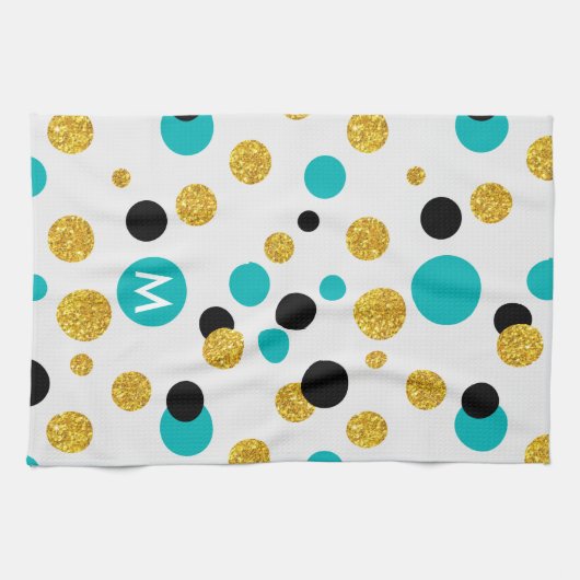 Gold Glitter, Black & Blue Circles Patroon Theedoek (Horizontaal)