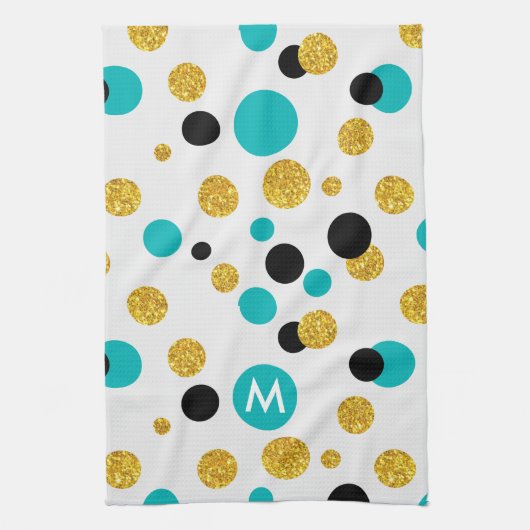 Gold Glitter, Black & Blue Circles Patroon Theedoek (Verticaal)