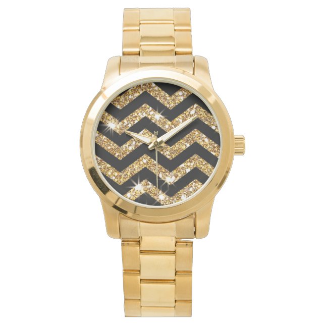 Gold Glitter & Black Chevron, Klassiek design Horloge (Voorkant)
