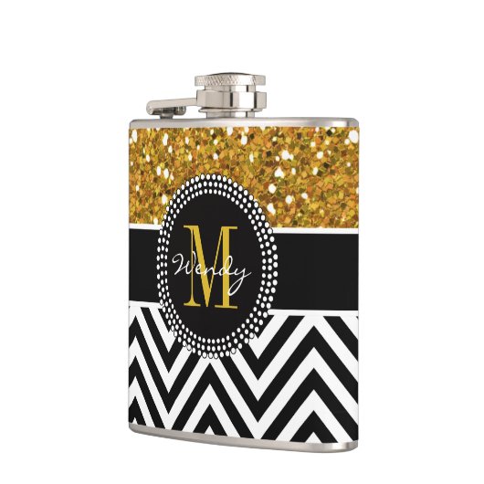 Gold Glitter Black Chevron Pattern Monogram Heupfles (Links)