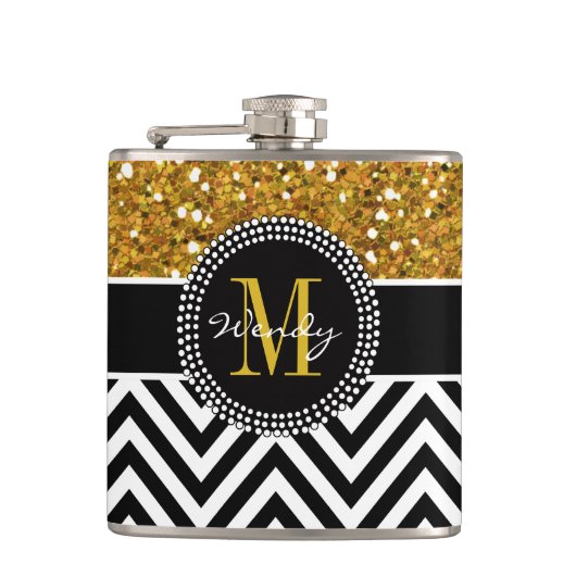 Gold Glitter Black Chevron Pattern Monogram Heupfles (Voorkant)