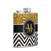 Gold Glitter Black Chevron Pattern Monogram Heupfles (Rechts)