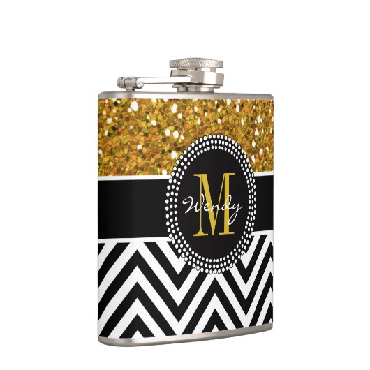 Gold Glitter Black Chevron Pattern Monogram Heupfles (Rechts)