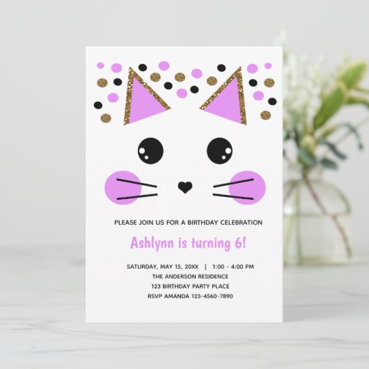 Gold Glitter Black en Paarse kat Birthday Kaart (Staand voorkant)