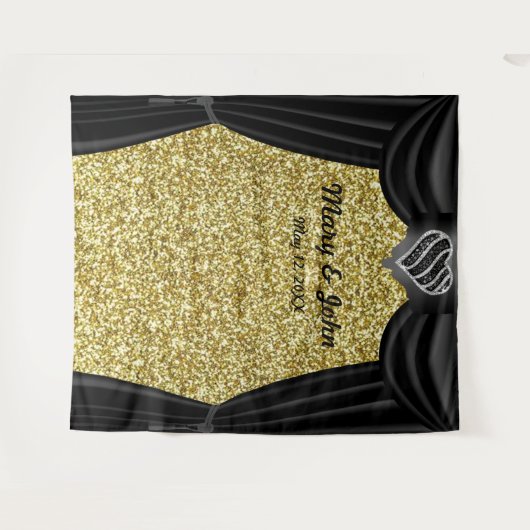 Gold Glitter Black en White Heart Black gordijn Wandkleed (Voorkant (horizontaal))