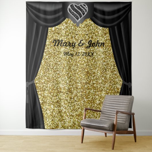 Gold Glitter Black en White Heart Black gordijn Wandkleed (In situ)