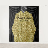 Gold Glitter Black en White Heart Black gordijn Wandkleed (Voorkant)