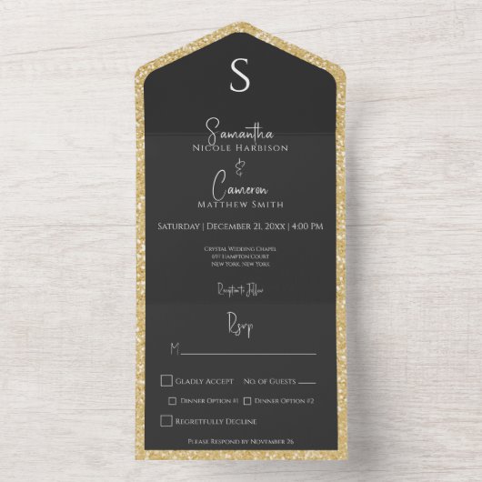 Gold Glitter & Black Glam Modern Dinner All In One Uitnodiging (Binnen)