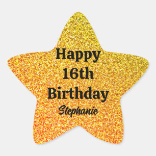 Gold Glitter Black Happy 16th Birthday - Aangepast Ster Sticker