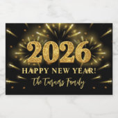 Gold Glitter Black Happy New Year 2026 Sparkling Wijnetiket (Enkel label)