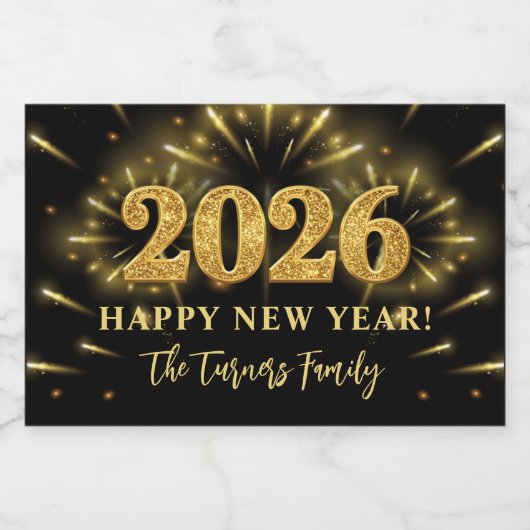 Gold Glitter Black Happy New Year 2026 Sparkling Wijnetiket (Enkel label)