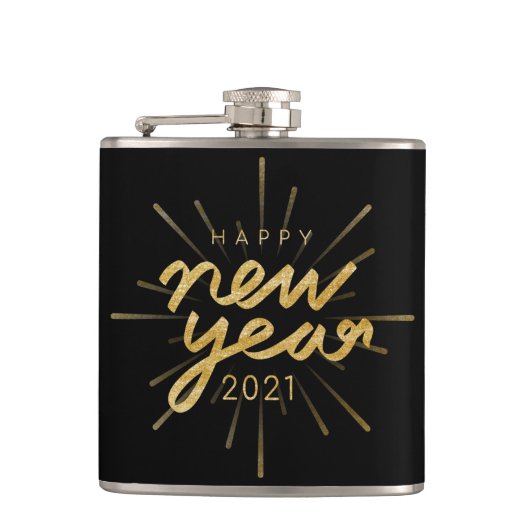 Gold Glitter Black Happy Nieuwjaar 2021-fles Heupfles (Voorkant)