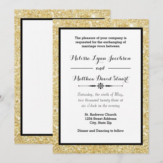 Gold Glitter & Black Lijst - Uitnodiging voor wedd (Voorkant / Achterkant)