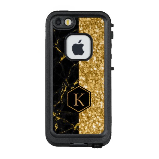 Gold Glitter & Black Marble Stone Texture LifeProof iPhone Hoesje (Achterkant)