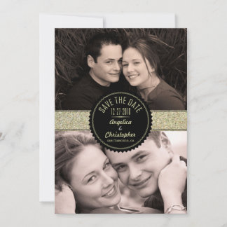 Gold Glitter & Black Moderne Foto Bewaar de Datum Save The Date