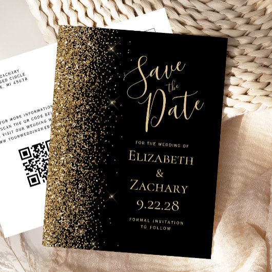 Gold Glitter Black QR Code Bewaar de datum Aankondigingskaart