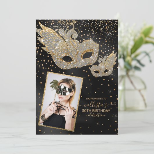 Gold Glitter Black Silk Masquerade Birthday Foto Kaart (Staand voorkant)