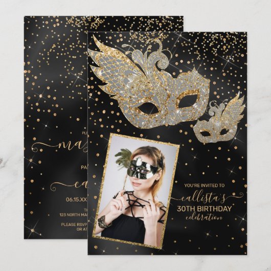 Gold Glitter Black Silk Masquerade Birthday Foto Kaart (Voorkant / Achterkant)