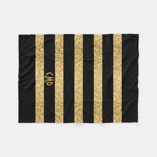 Gold Glitter Black Stripes Monogram Fleece Deken (Voorkant (Horizontaal))
